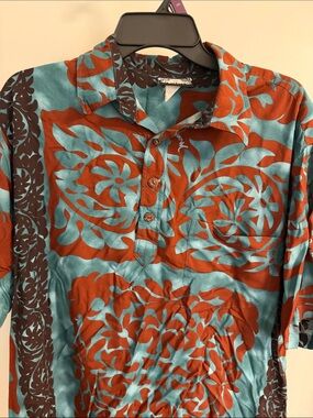 Manuhealii Short Sleeve Floral Polo Shirt - Teal & Rust
